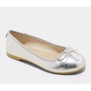 Cat & Jack Diana Girls Slip-On Ballet Flats Silver Metallic Round Toe Size 1